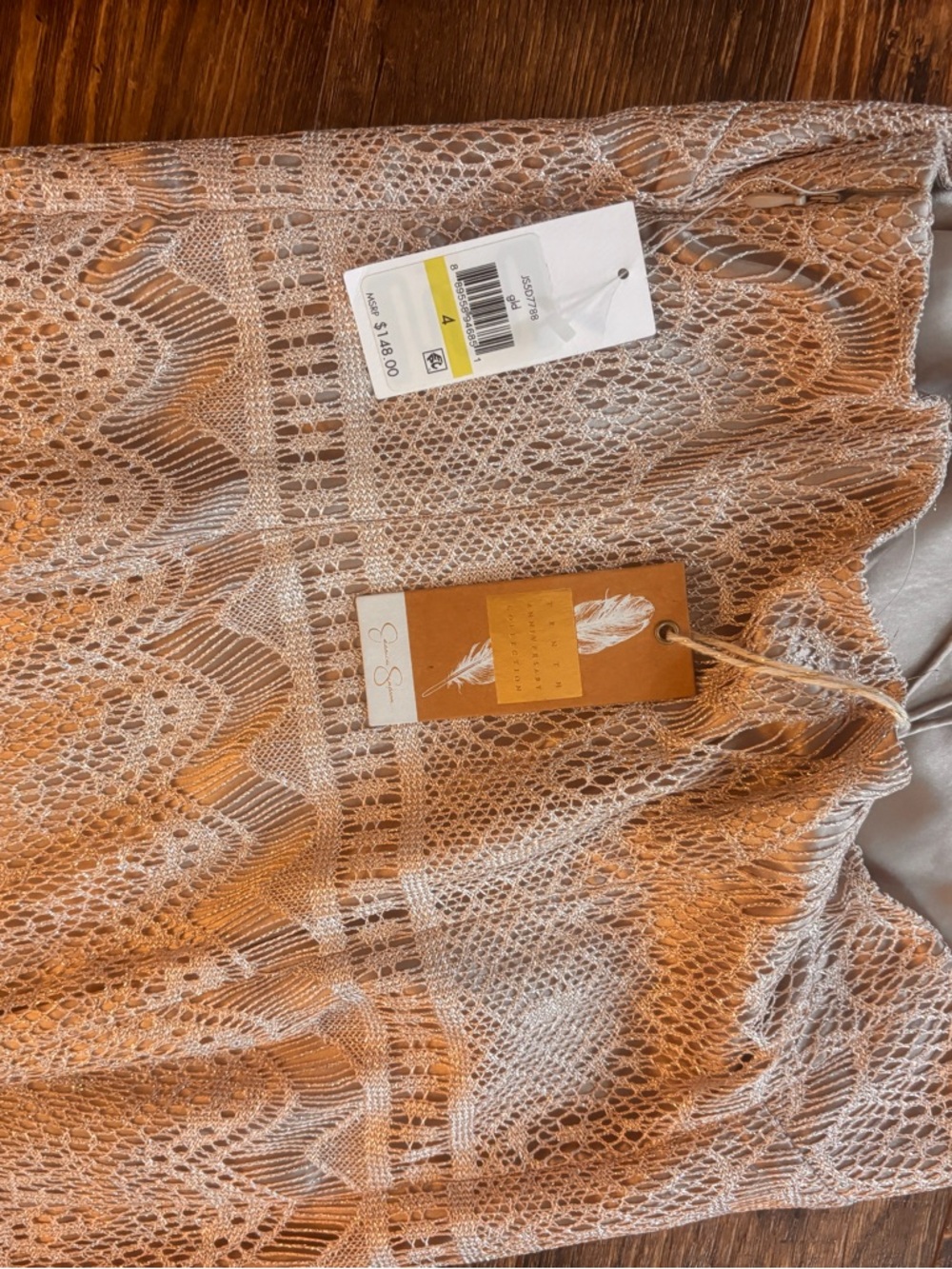 ⭐️NWT Jessica Simpson Crochet Fringe Dress Size 4 Taupe Boho Festival Beach Mini - Picture 16 of 16